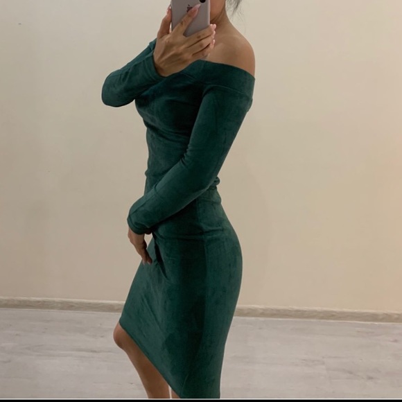 1 Left! Hunter Green Suede Off Shoulder Midi Dress - Picture 5 of 8